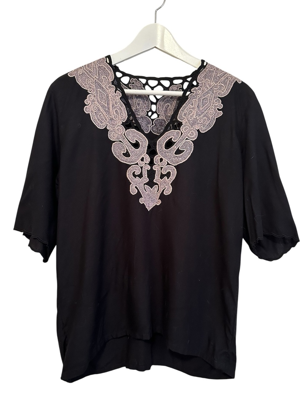 Vintage 80s Embroidered Cutwork Black Rayon Top Medium